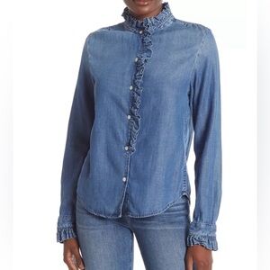 Frame denim button down blouse with ruffle detail. Size M